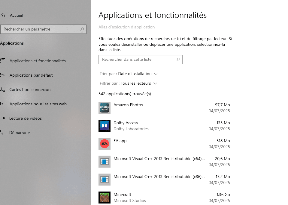 Capture d'écran Applications et fonctionnalités