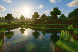 Minecraft Java Edition avec des RTX-style ray tracing shaders créant des effets d'éclairage époustouflants