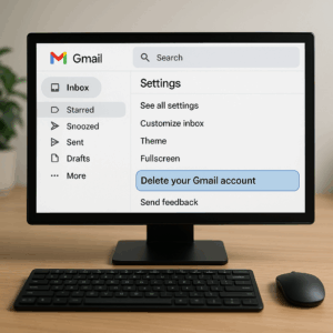 Interface Gmail montrant le processus de suppression de compte
