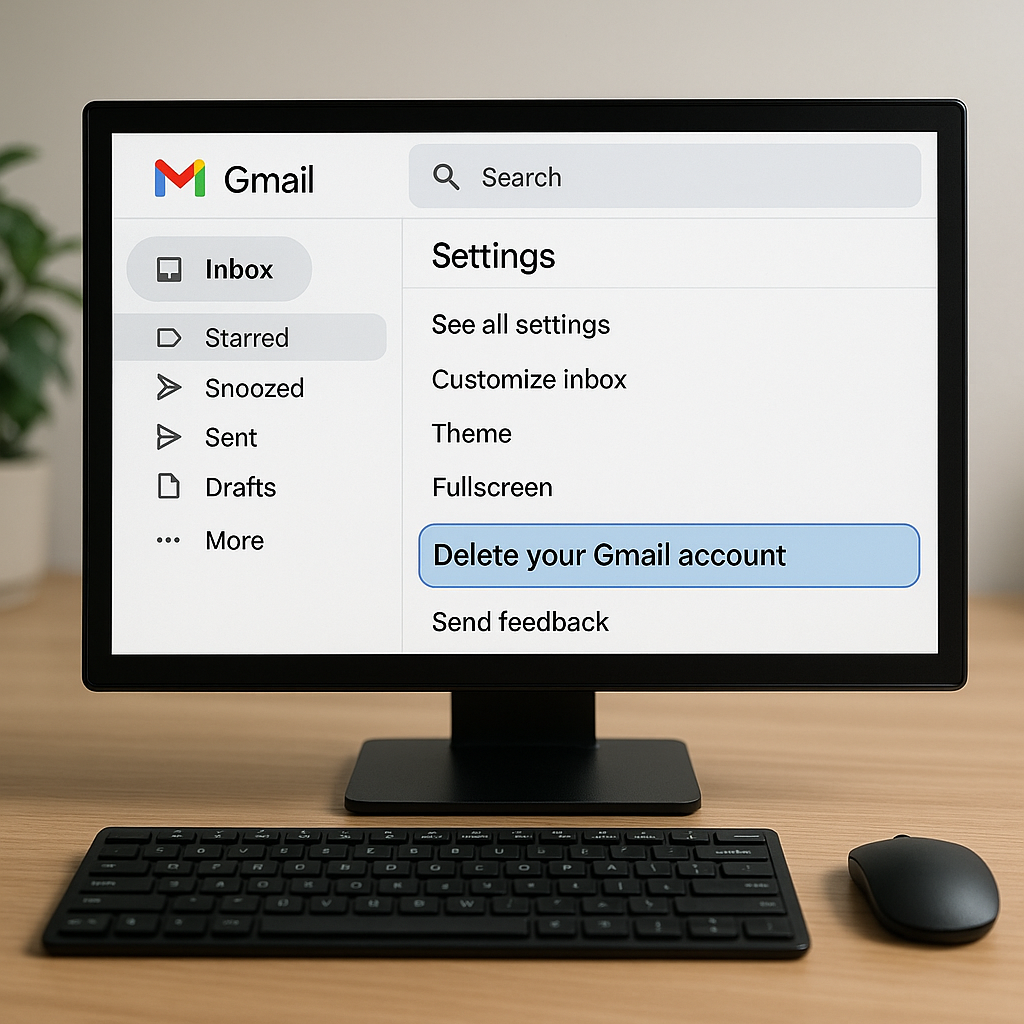 Interface Gmail montrant le processus de suppression de compte