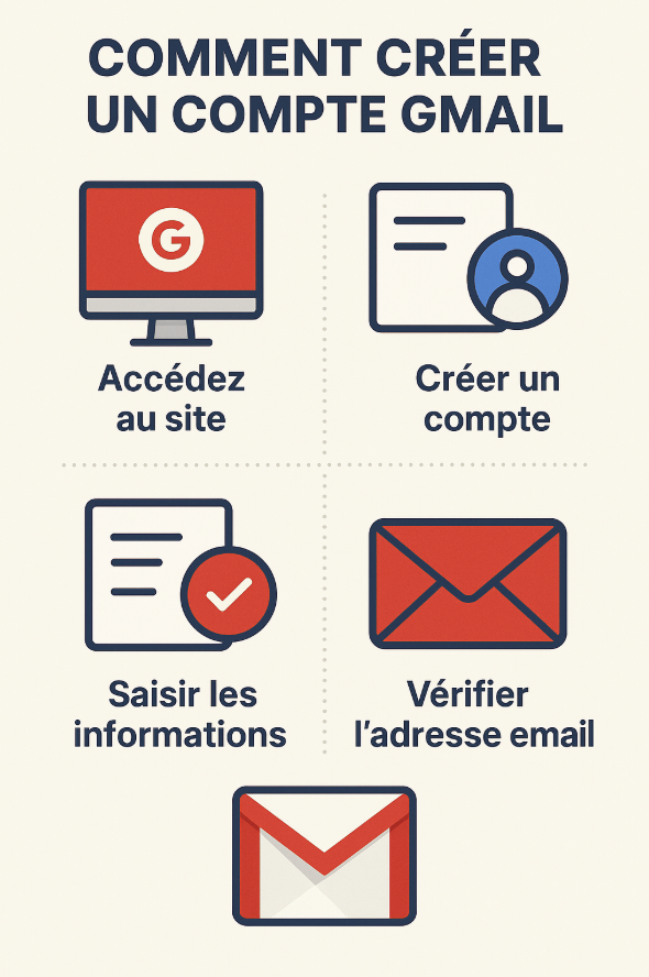 Interface de création d'un compte Gmail avec les étapes principales
