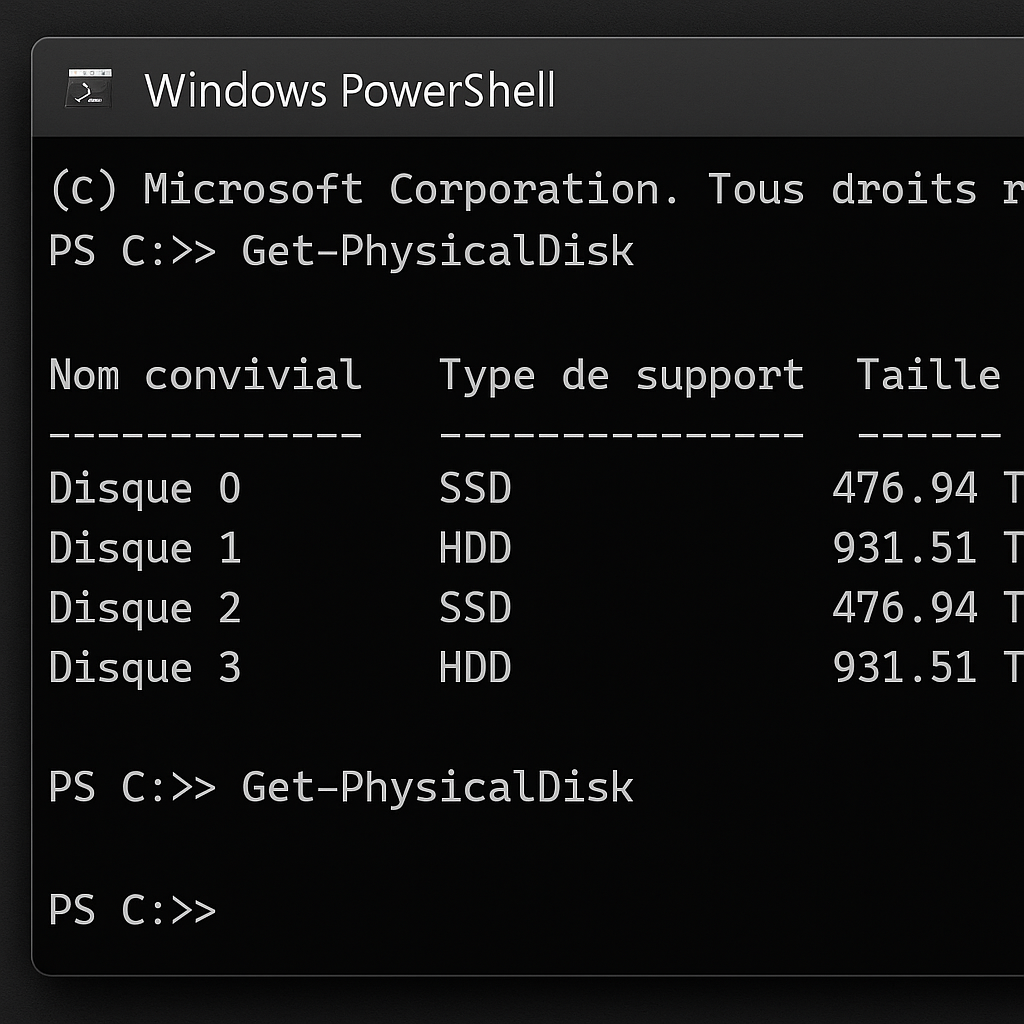Terminal PowerShell affichant les types de disques SSD et HDD via commande